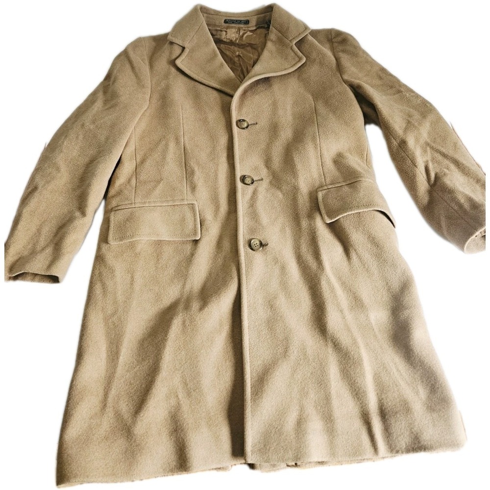 100% Italian Cashmere Mens Size Large Beige Overcoat Vintage Excellent Condition